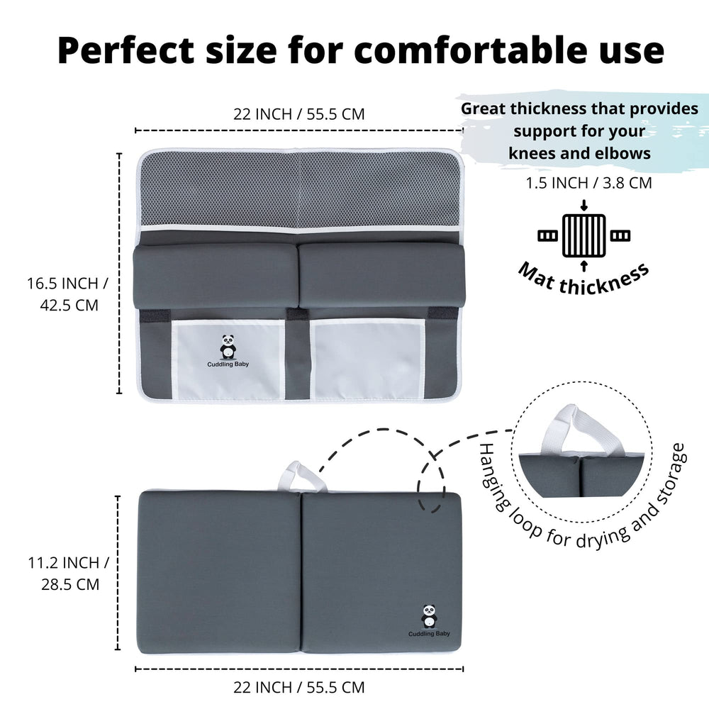 Cuddling Baby bath kneeler gray durable foam provides lasting comfort for parents.