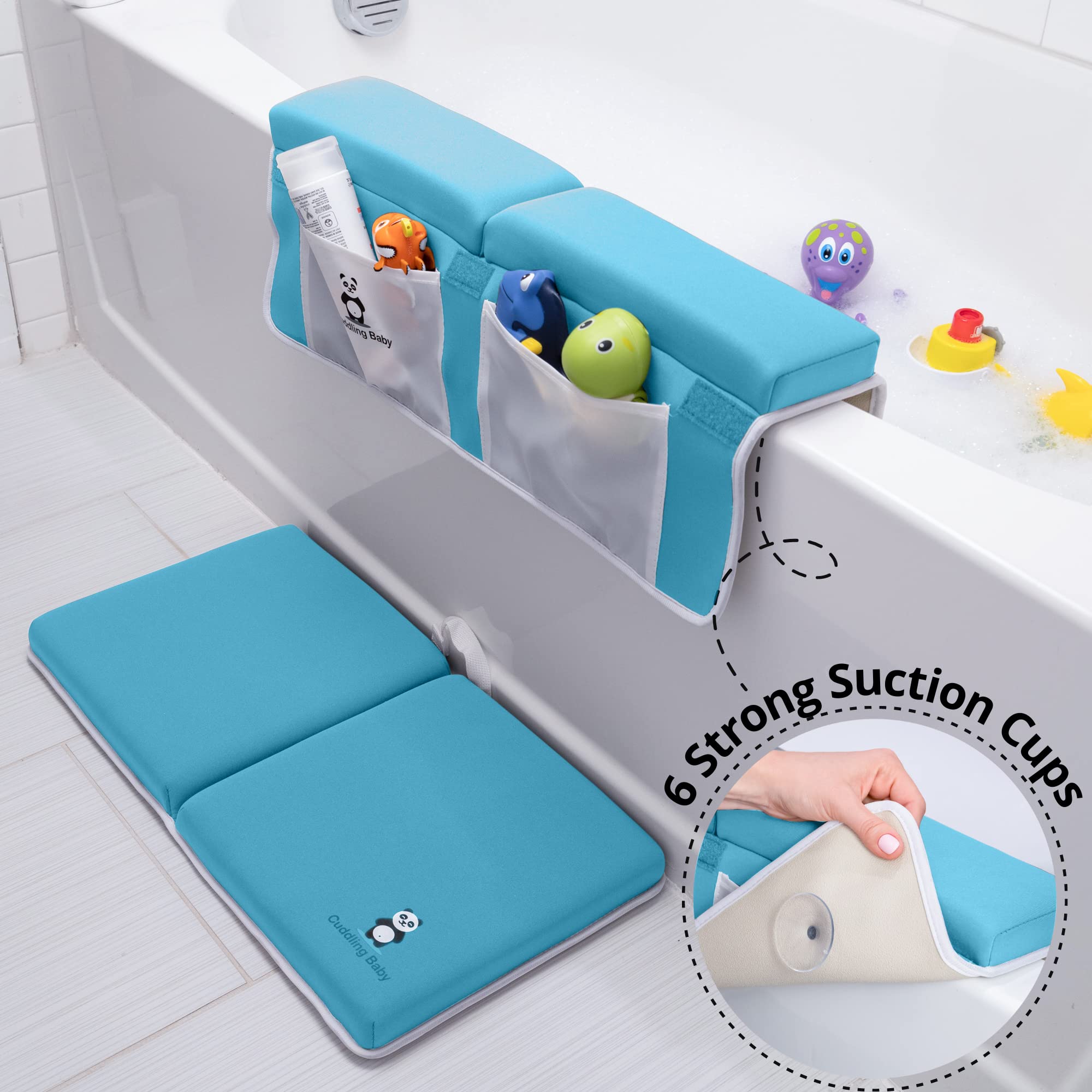 Cuddling Baby bath time setup image demonstrates comfortable parenting posture.