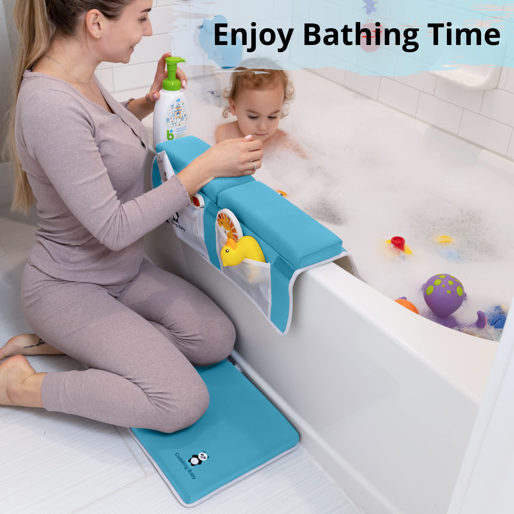 Cuddling Baby elbow rest blue keeps essentials within reach for smoother baths.