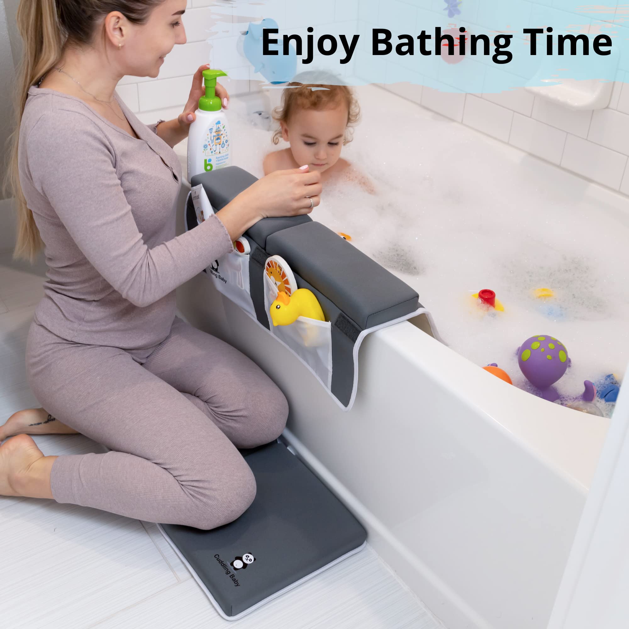 Cuddling Baby elbow rest gray storage pockets keep bath essentials within easy reach.