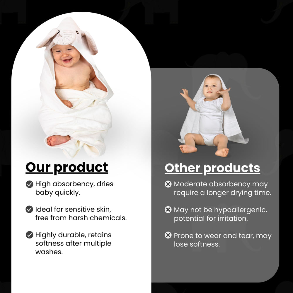 Cuddling Baby Premium Hooded Towel hypoallergenic label highlighting skin-friendly fabric