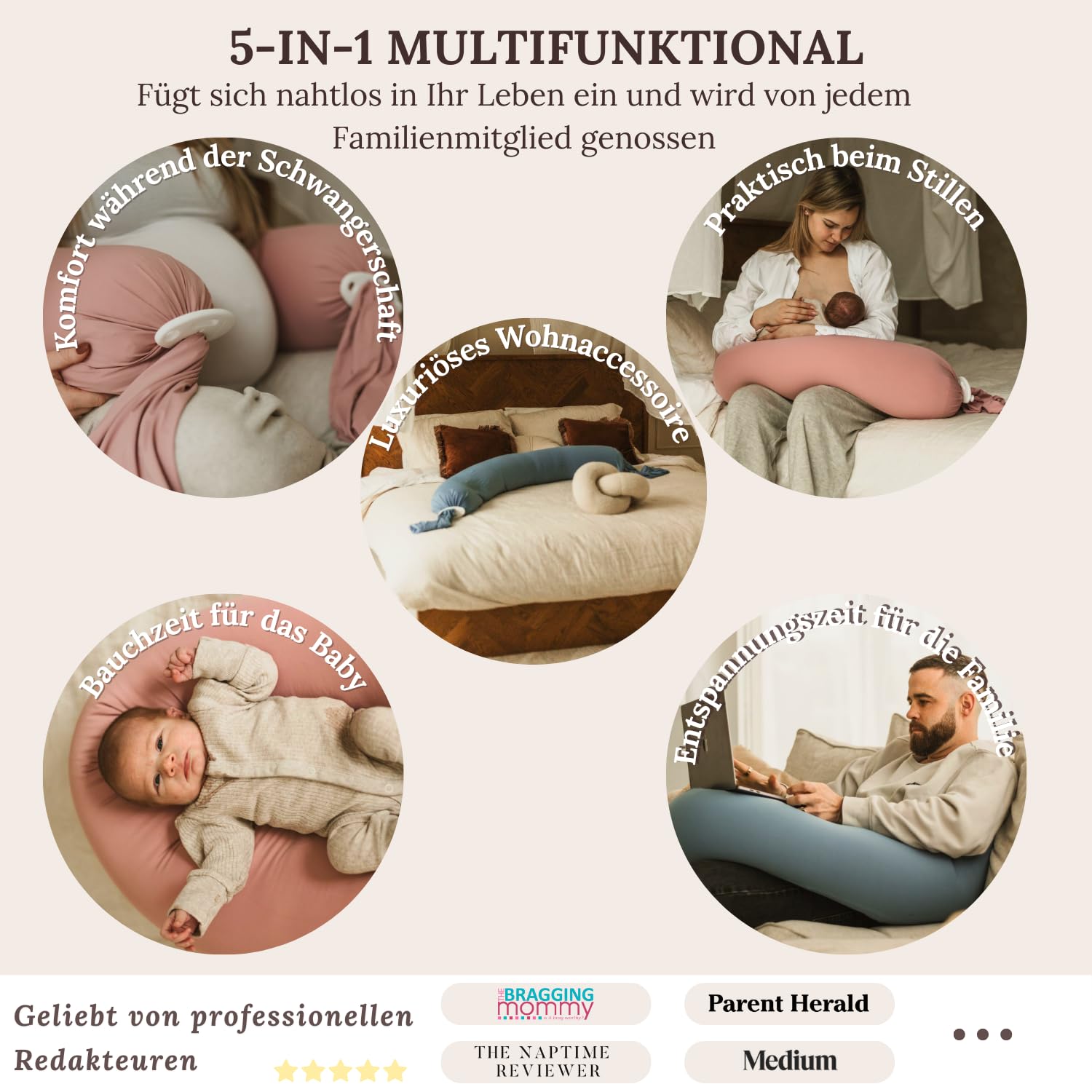 Illustration of 5-in-1 pillow shape options for growing belly comfort.