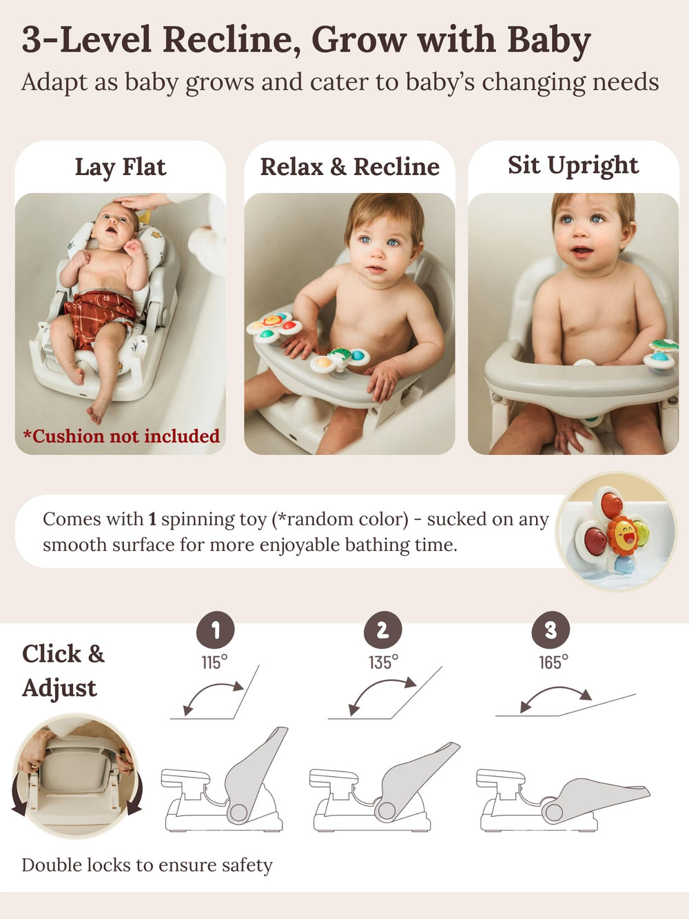 Cuddo Baby bath seat with 3-level adjustment for newborn to toddler comfort.