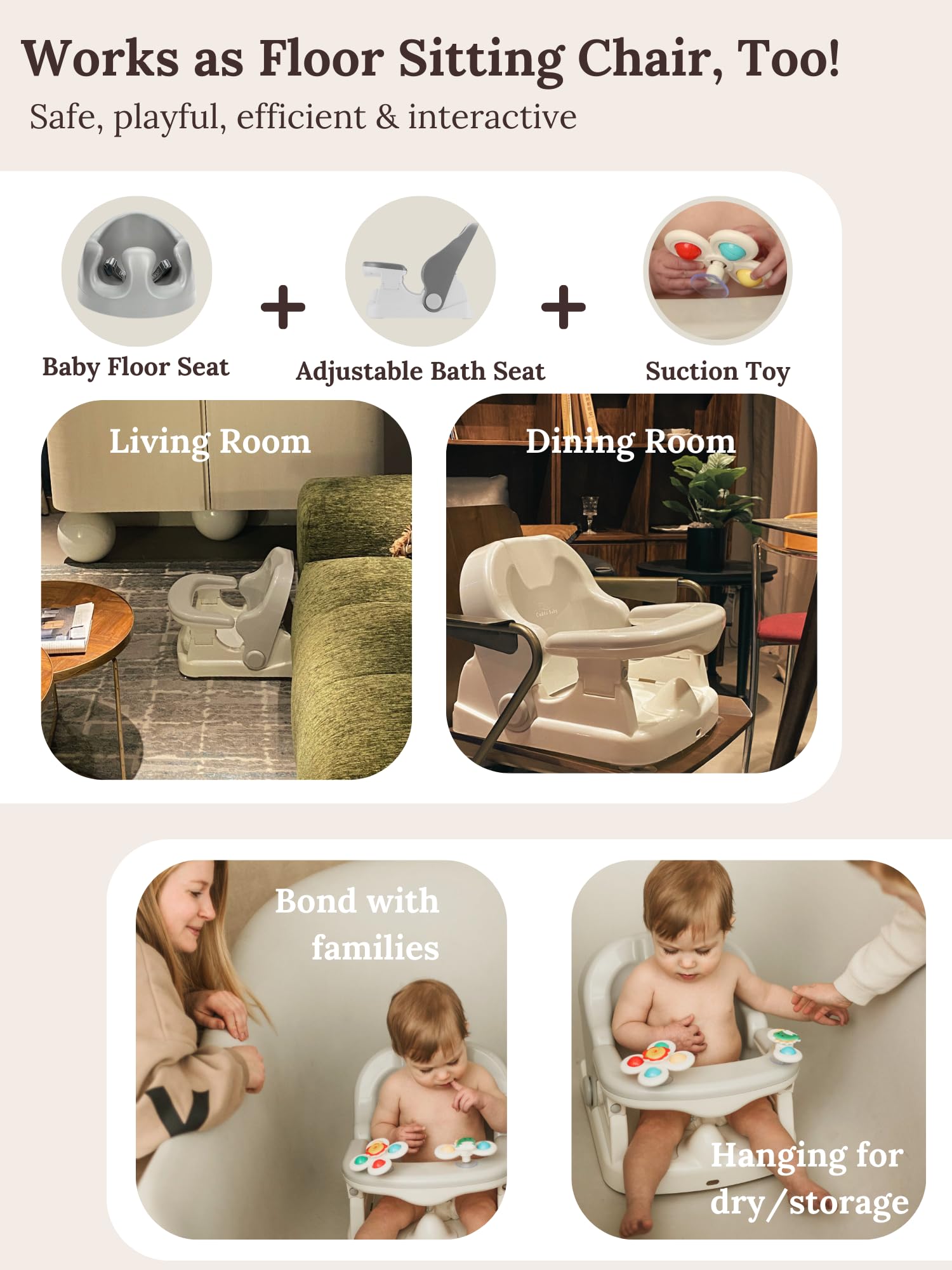Cuddo Baby bath seat built-in hook for air-dry and compact storage.