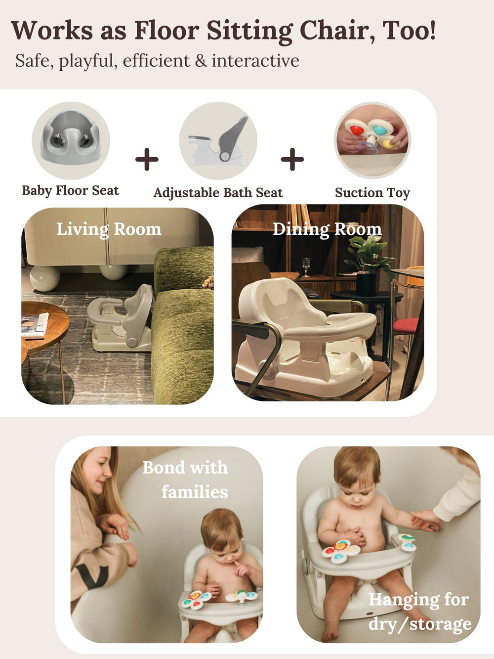 Cuddo Baby bath seat built-in hook for air-dry and compact storage.