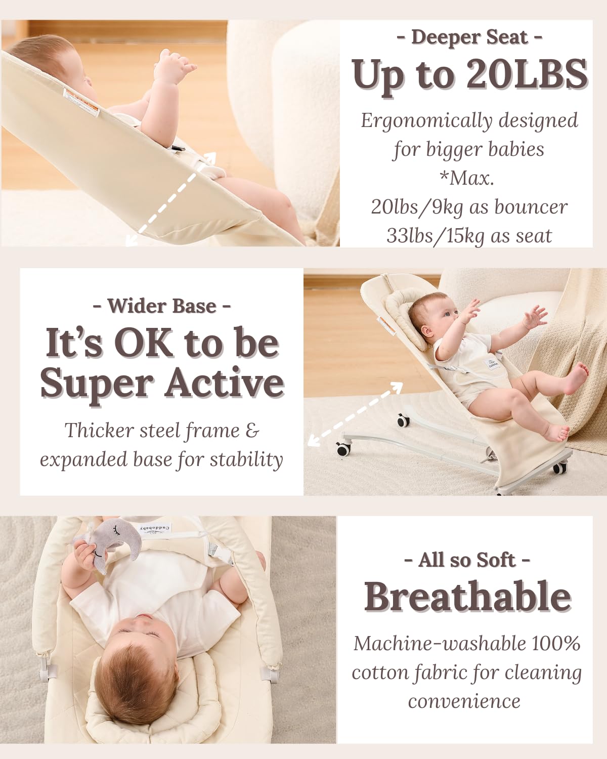 CuddoBaby bouncer offers 3-level recline for growth and feeding