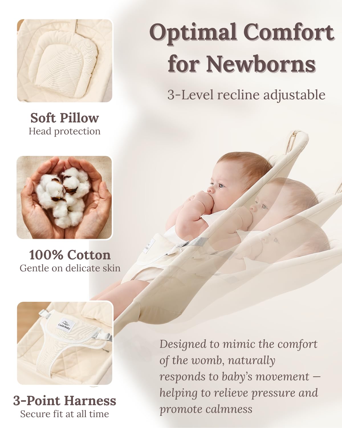 Cuddo Baby Bouncer adjustable cushion grows with baby for personalized support.