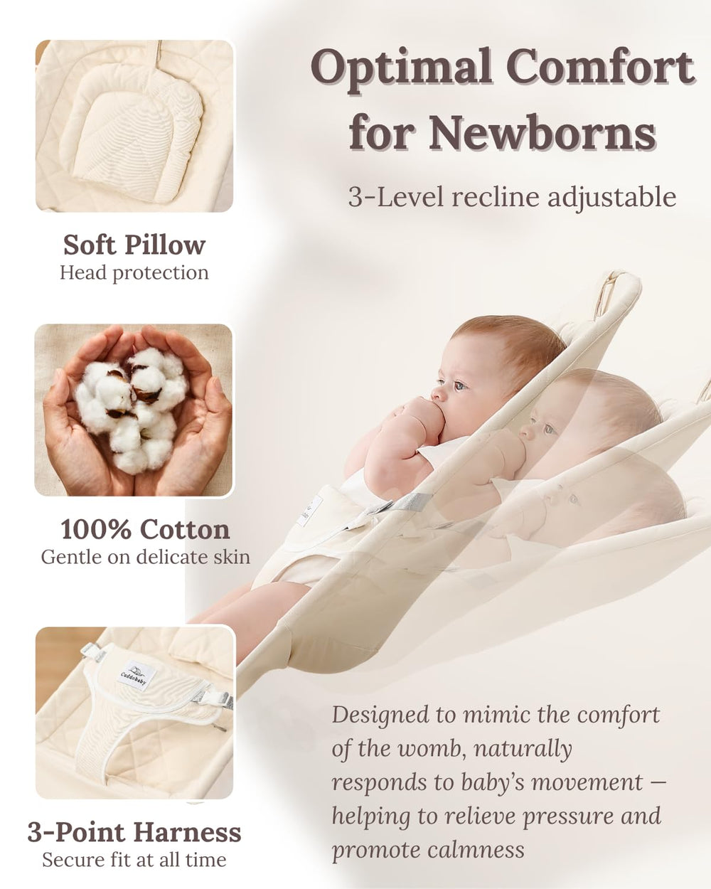 Cuddo Baby Bouncer adjustable cushion grows with baby for personalized support.