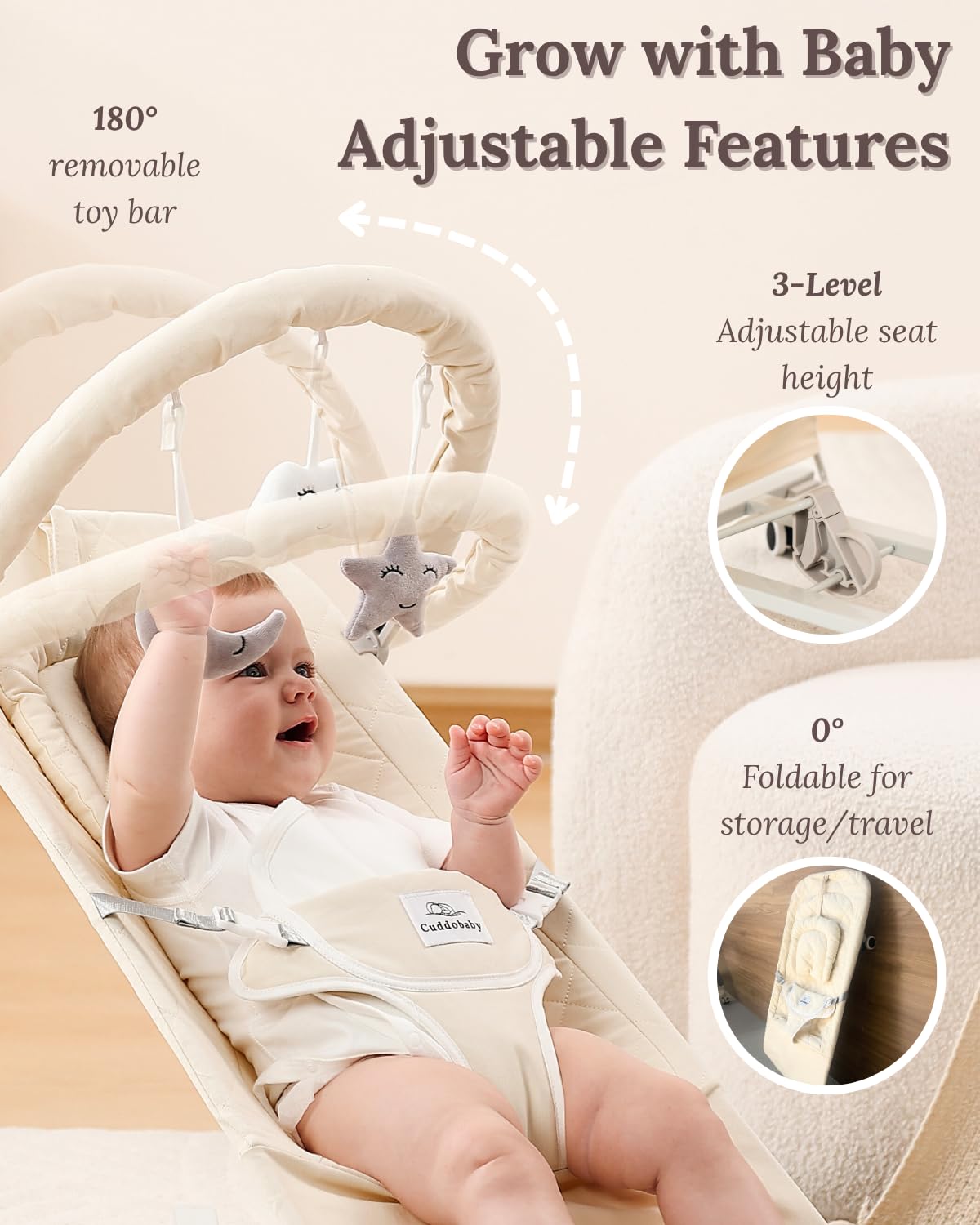 Cuddo Baby Bouncer ergonomic seat depth supports posture and comfort.