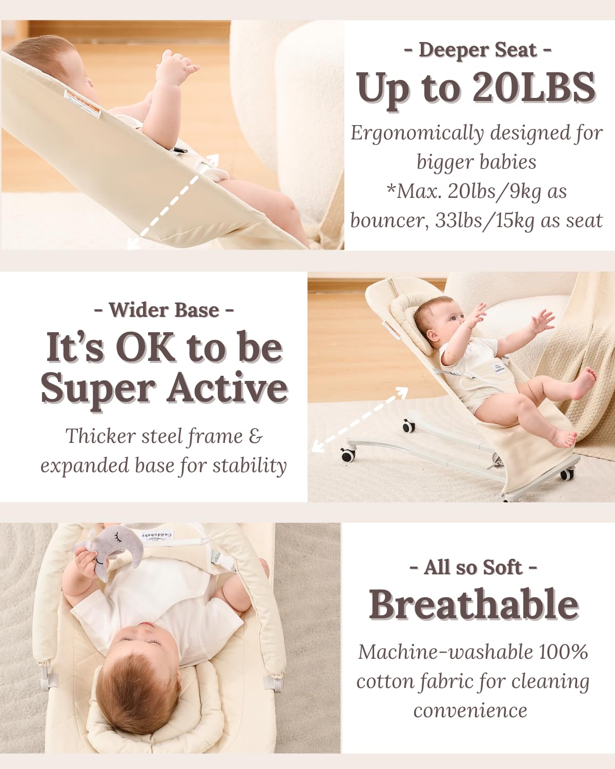 Cuddo Baby Bouncer folds compactly for easy storage and travel.
