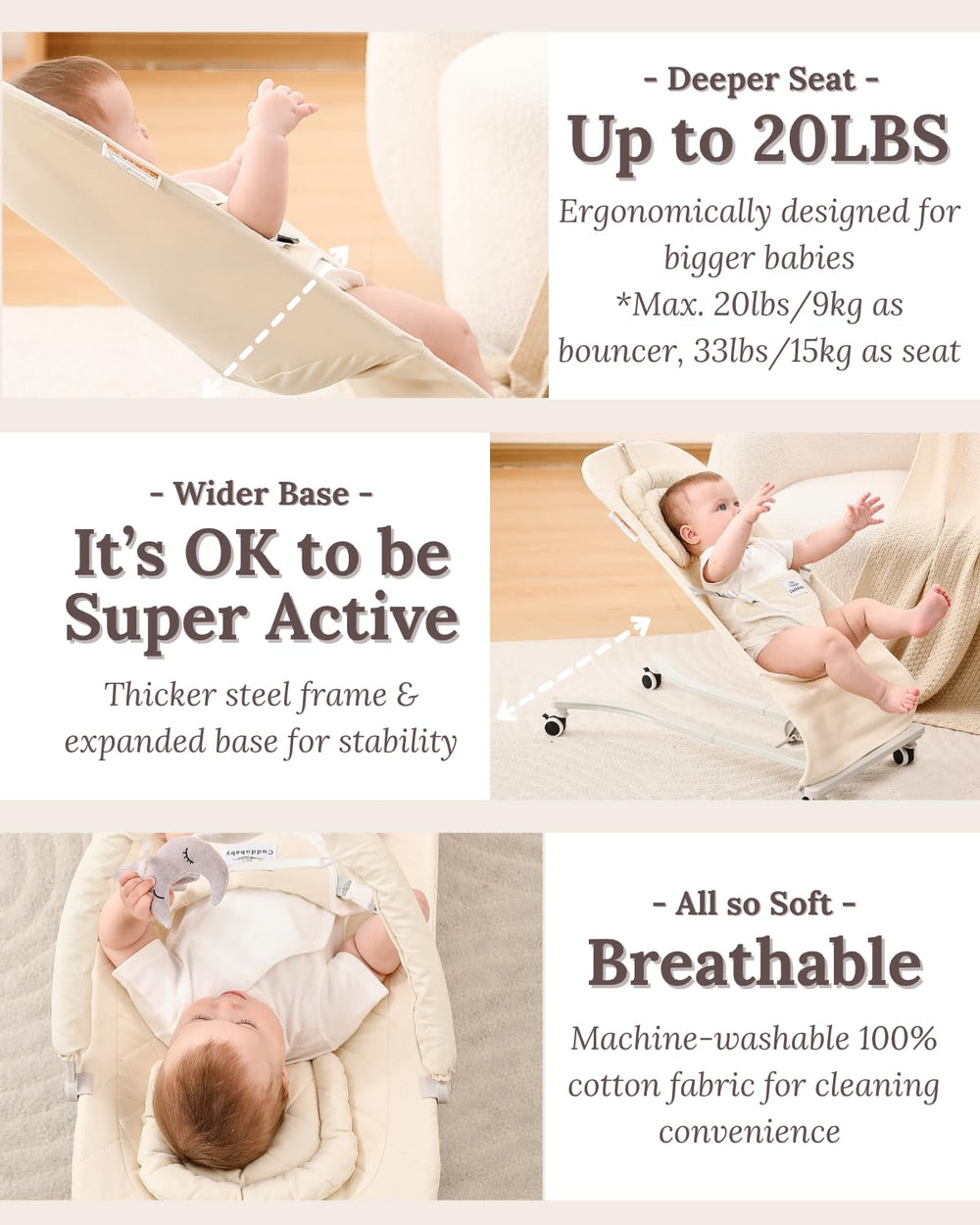 Cuddo Baby Bouncer folds compactly for easy storage and travel.