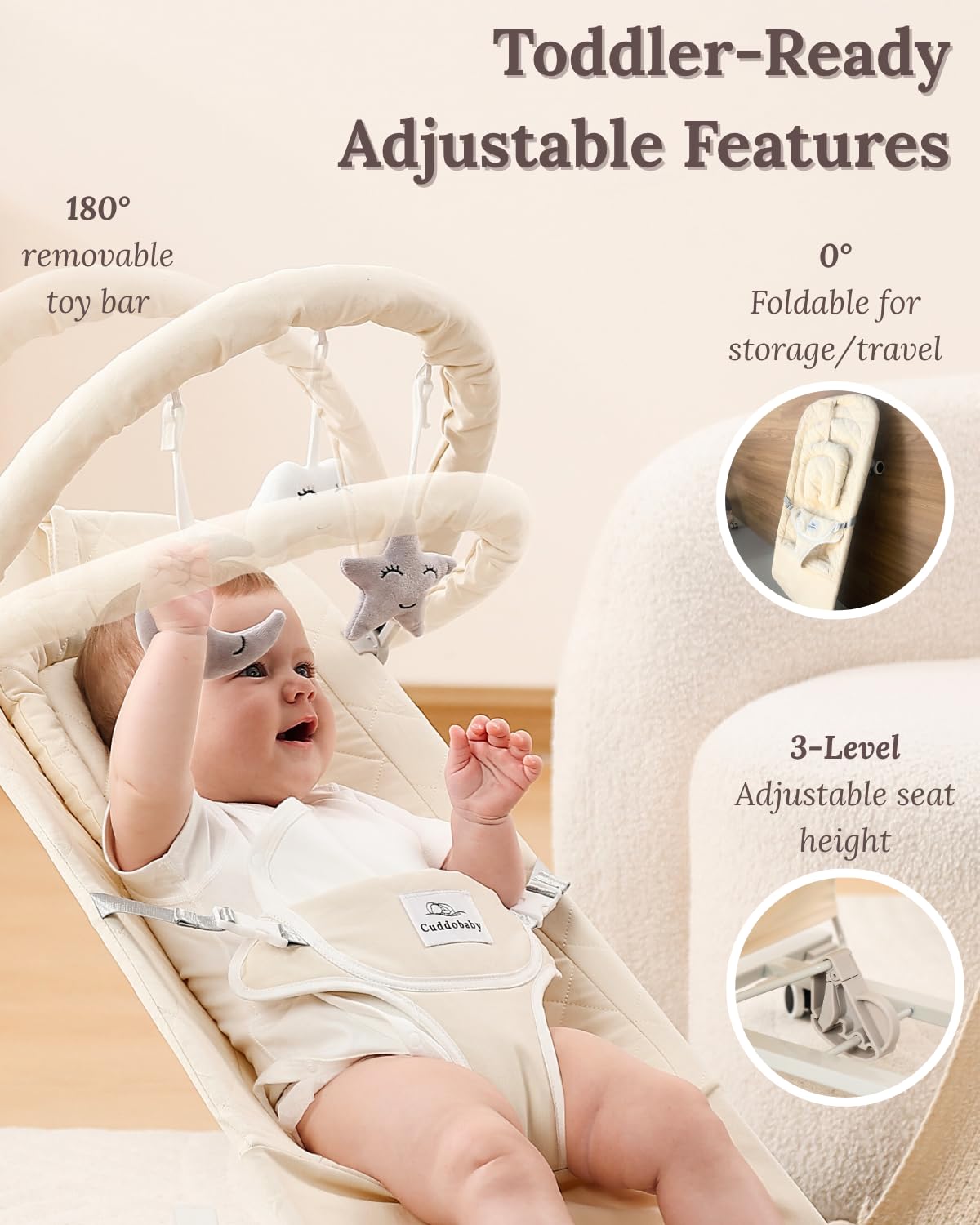 CuddoBaby bouncer wheels with locks for safe room-to-room mobility