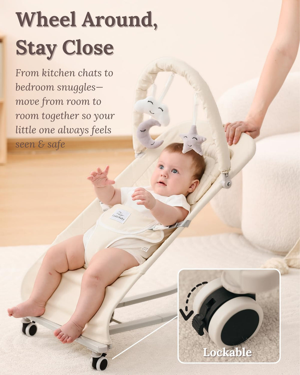Cuddo Baby Bouncer wheels with brakes enable safe room-to-room movement.