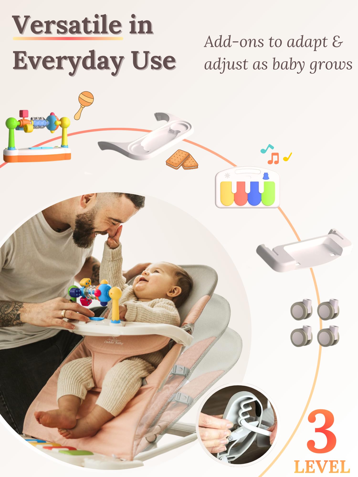 CuddoBaby three-level incline supports growing comfort from infant to toddler