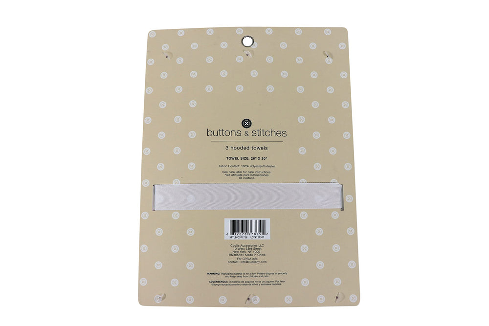Cudlie Buttons & Stitches hooded towels folded for compact storage and easy access
