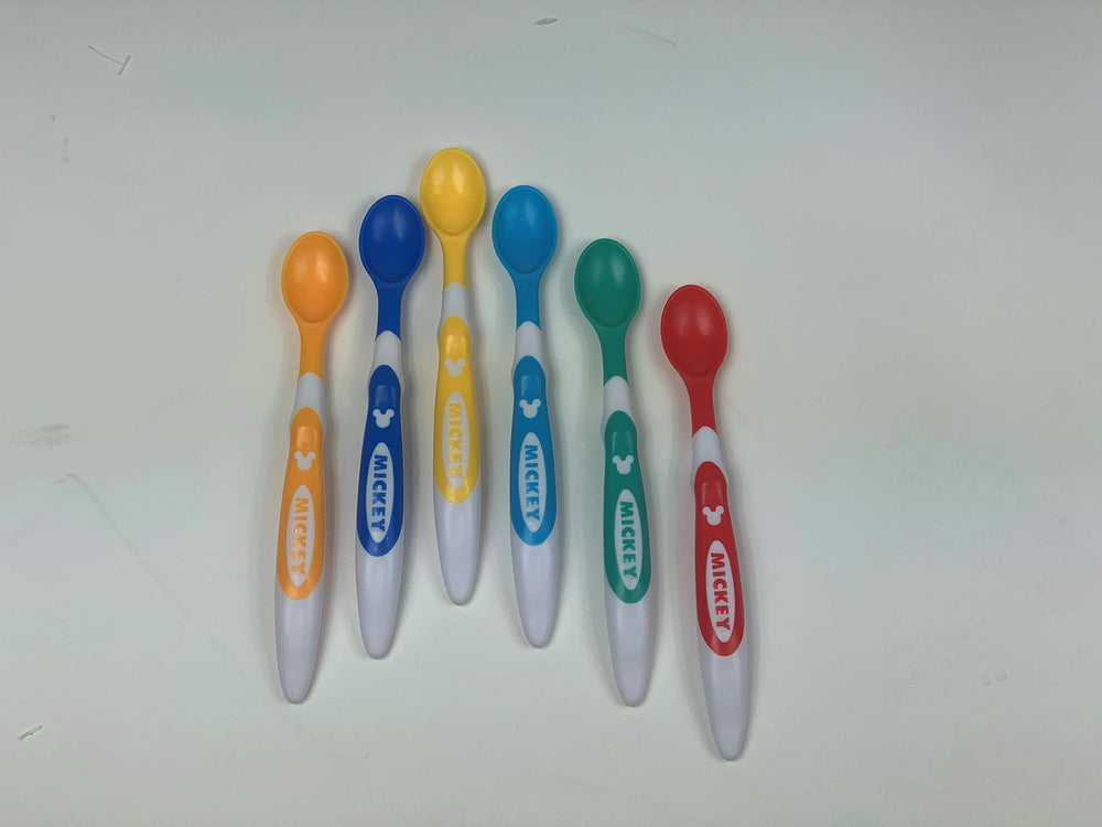 Cudlie Disney Mickey infant spoons ready for daily use and top-rack dishwasher cleaning.