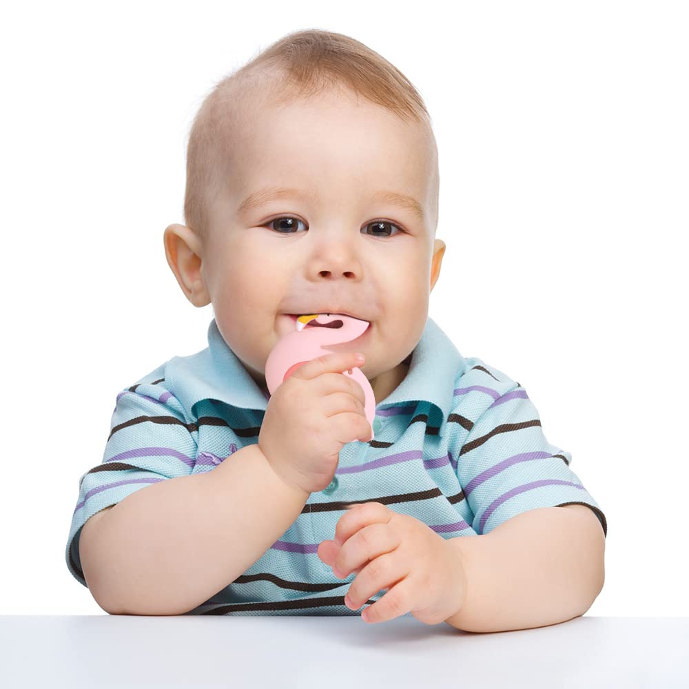 Cuebo flamingo teether as a thoughtful baby shower gift idea.