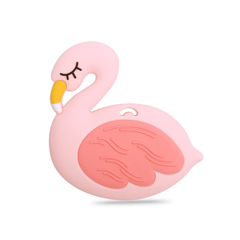 Cuebo flamingo silicone teether to soothe gums with playful design.
