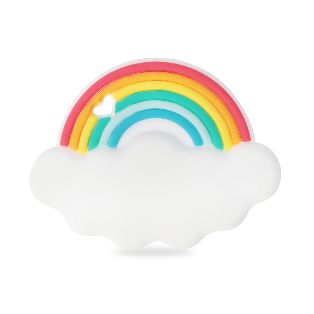 Cuebo rainbow silicone teether close-up showing colorful texture for soothing gums.