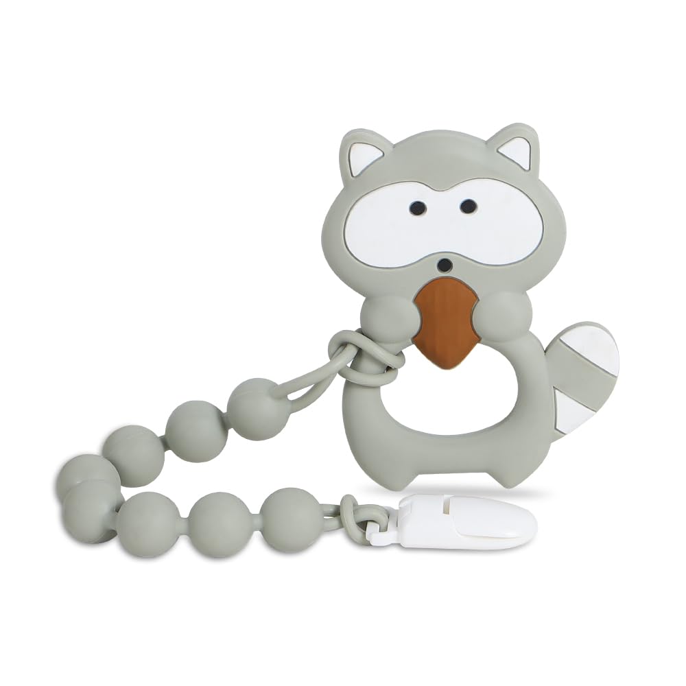 Cuebo baby teether gray raccoon soothes teething gums.
