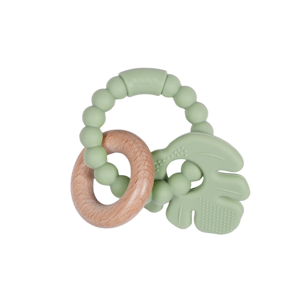 Cuebo baby teether ring in silicone and wood soothes gums with safe chew surfaces.