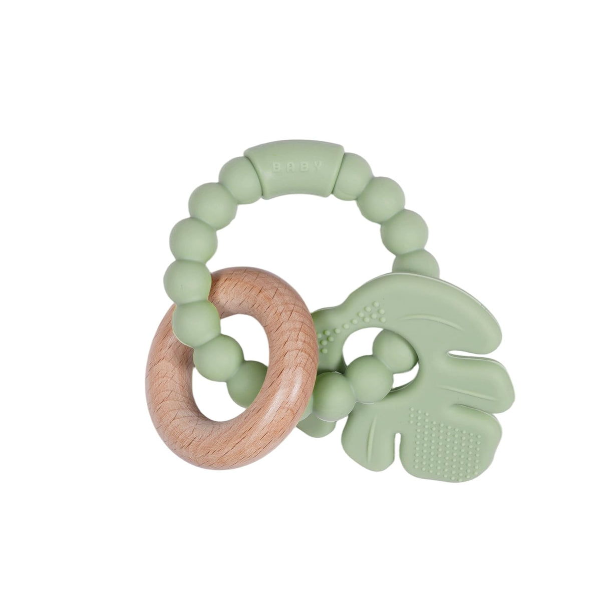 Cuebo baby teether ring in silicone and wood soothes gums with safe chew surfaces.