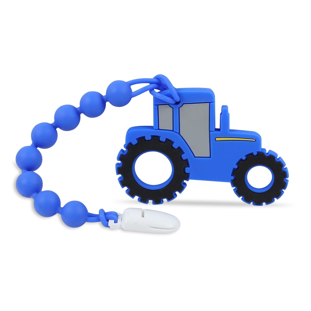 Cuebo Baby Tractor Teether blue with easy-grip design for tiny hands.