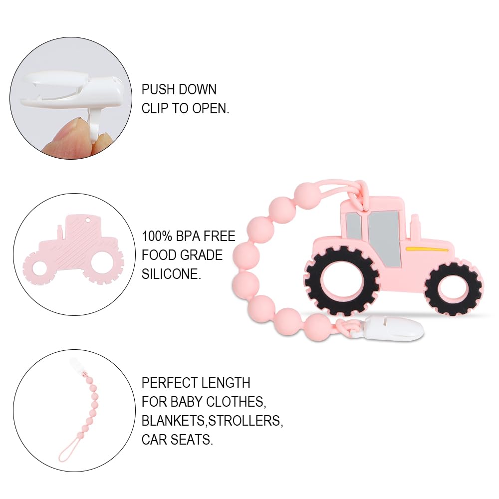 Cuebo Baby Tractor Teether pink side grip for secure handling