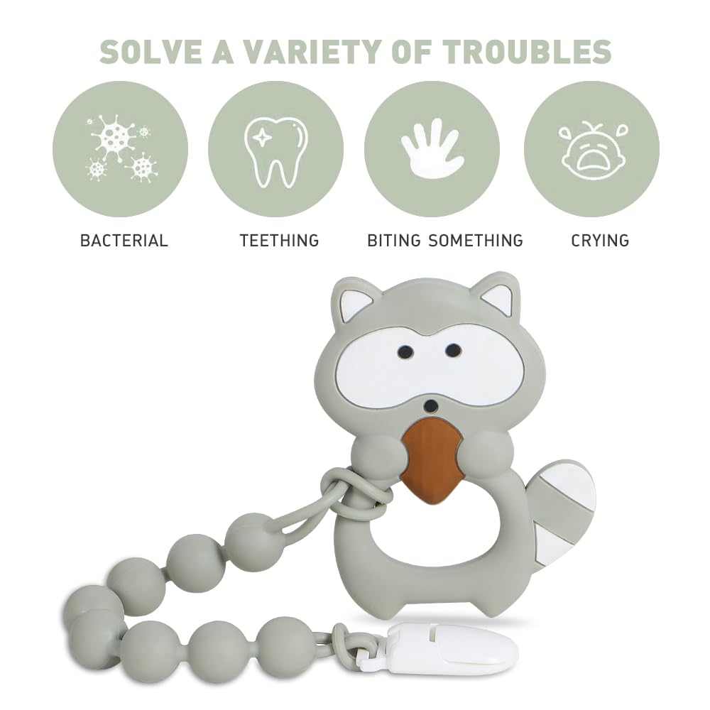Cuebo easy-grasp teether gray raccoon fits small hands easily.