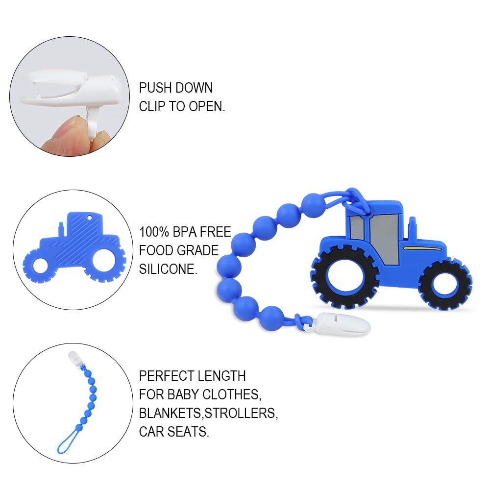 Cuebo blue pacifier clip secures the teether to clothing.