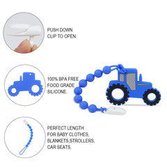 Cuebo blue pacifier clip secures the teether to clothing.