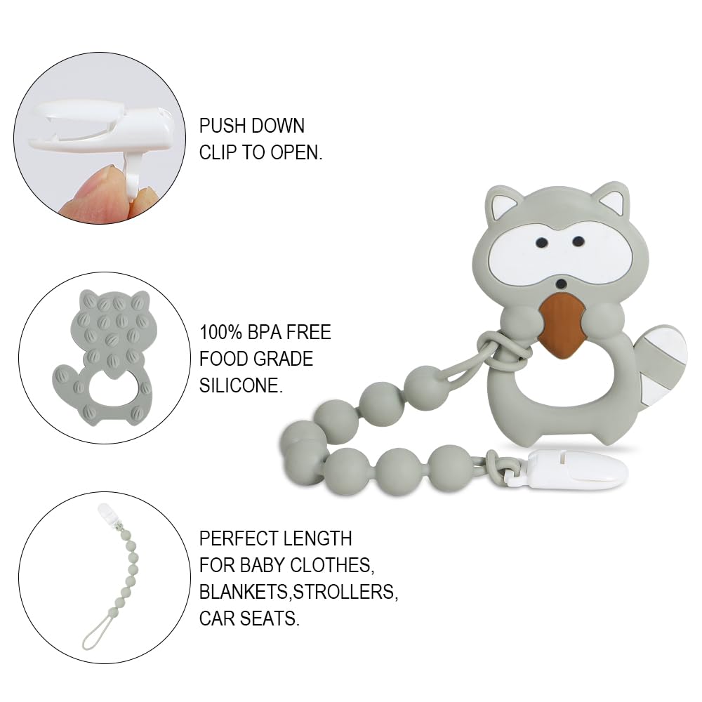Cuebo pacifier clip gray raccoon keeps pacifier secure and within reach.