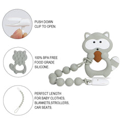 Cuebo pacifier clip gray raccoon keeps pacifier secure and within reach.