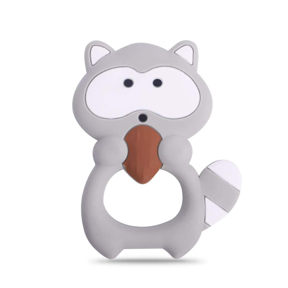 Cuebo raccoon teether in silicone for safe chewing and soothing infant gums.
