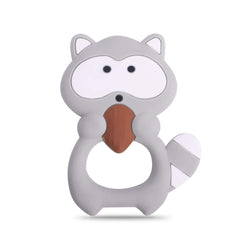 Cuebo raccoon teether in silicone for safe chewing and soothing infant gums.