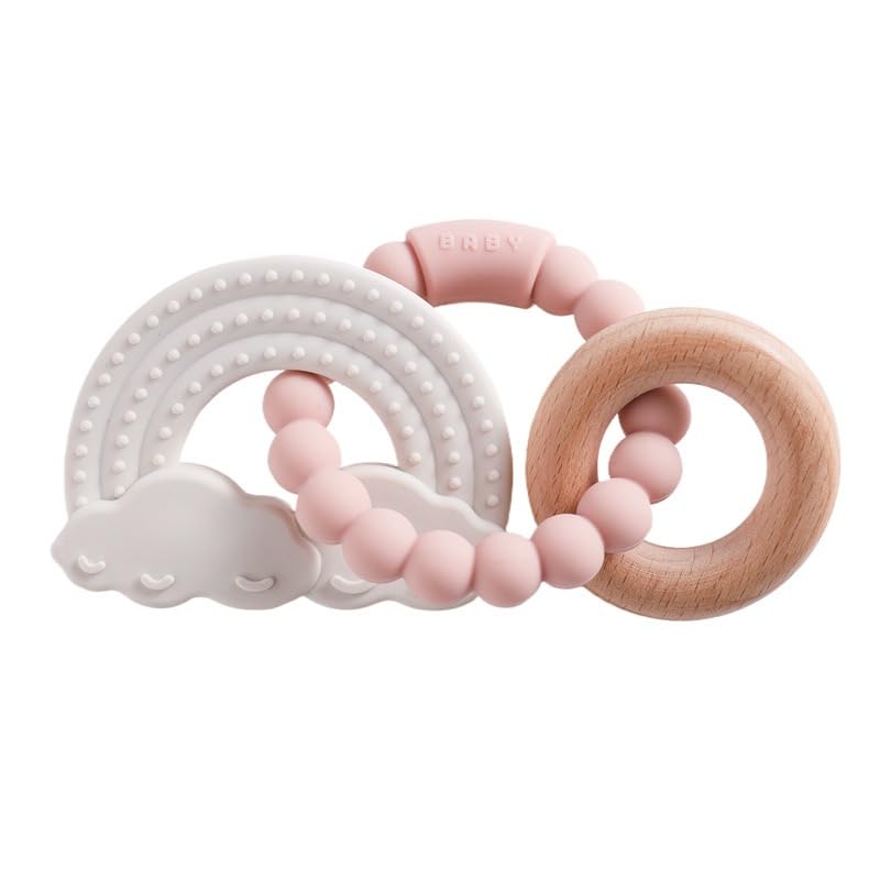 Cuebo rainbow teether ring in silicone and wood for gentle teething relief