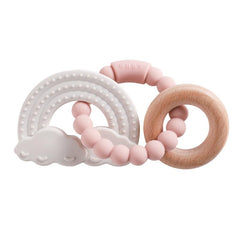 Cuebo rainbow teether ring in silicone and wood for gentle teething relief