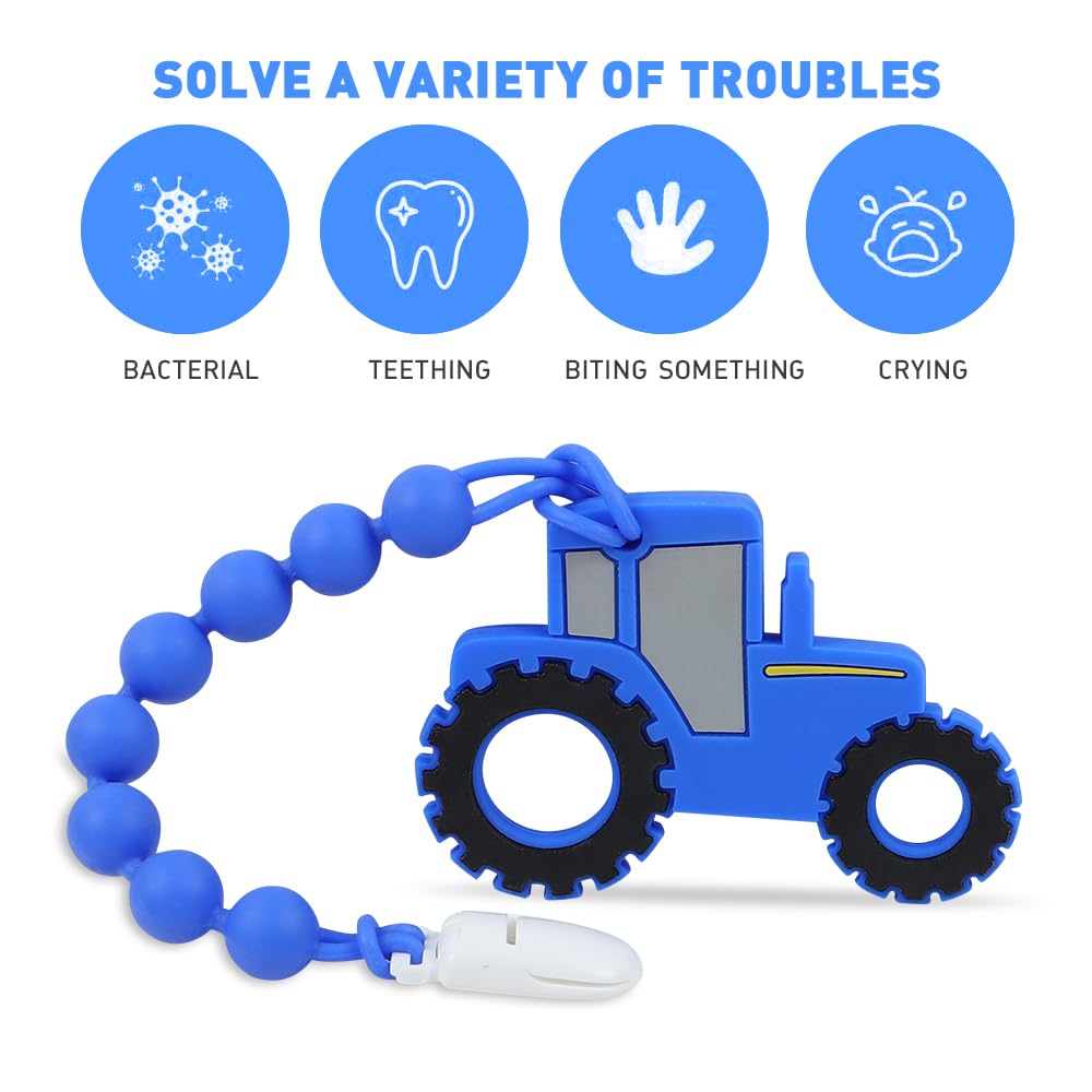 Cuebo silicone teether in blue; BPA-free for safe chewing and soothing.