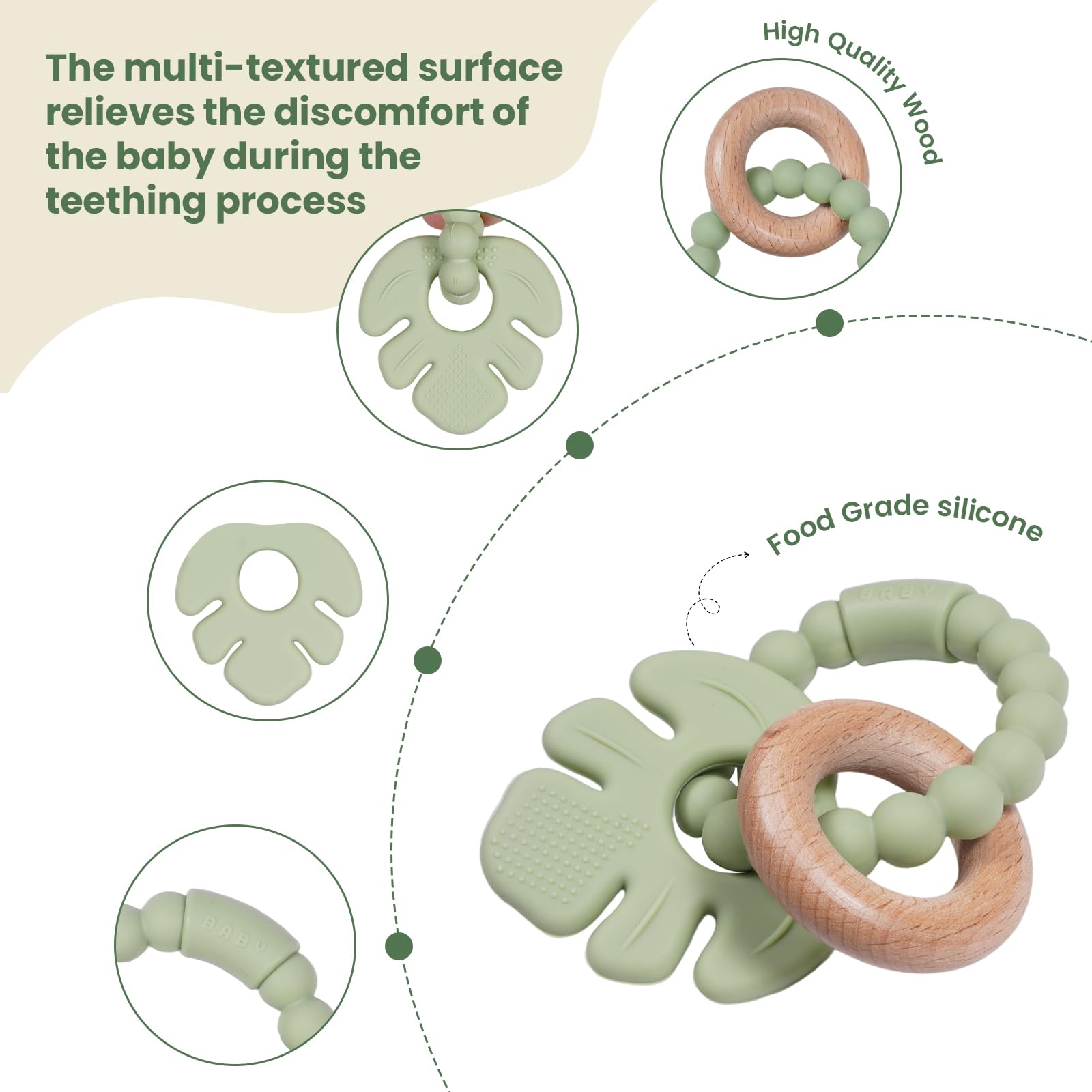 Cuebo teether ring's soft textures soothe tender gums during teething.
