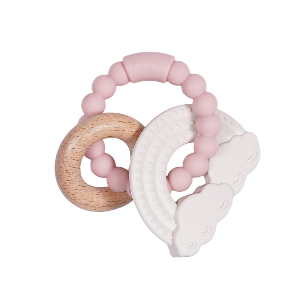 Cuebo wooden core teether ring showing natural texture for sensory exploration