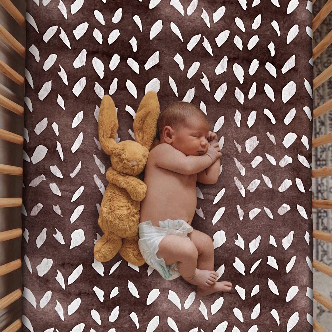 Culclendy soft fitted crib sheet in brown geometric pattern on a crib for snug, breathable comfort.