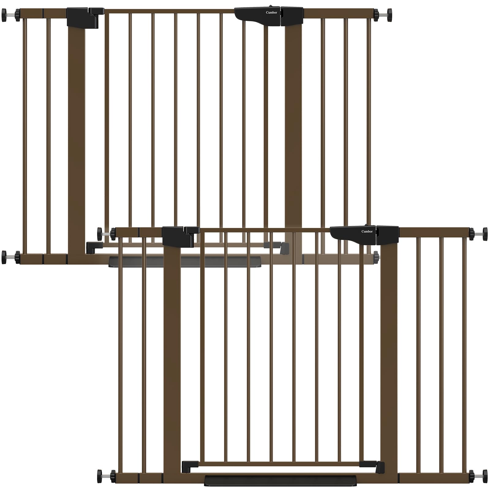 Cumbor 2-pack baby gate on stairs in brown, safe passage for child and pet.