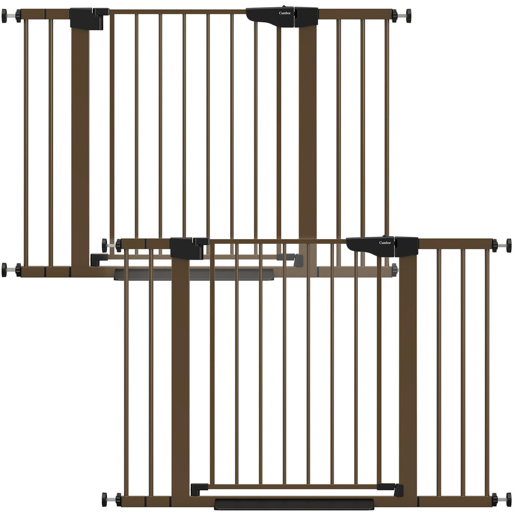Cumbor 2-pack baby gate on stairs in brown, safe passage for child and pet.