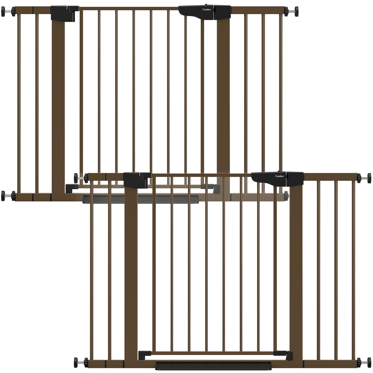 Cumbor 2-pack baby gate on stairs in brown, safe passage for child and pet.