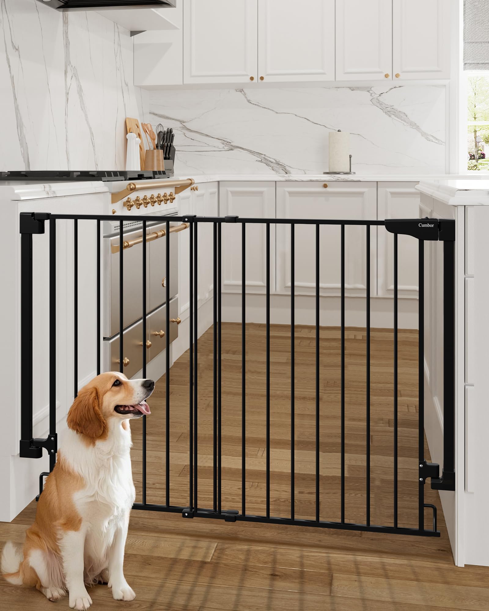 Cumbor 34-inch extra tall gate top view shows sturdy hardware for stairs safety.
