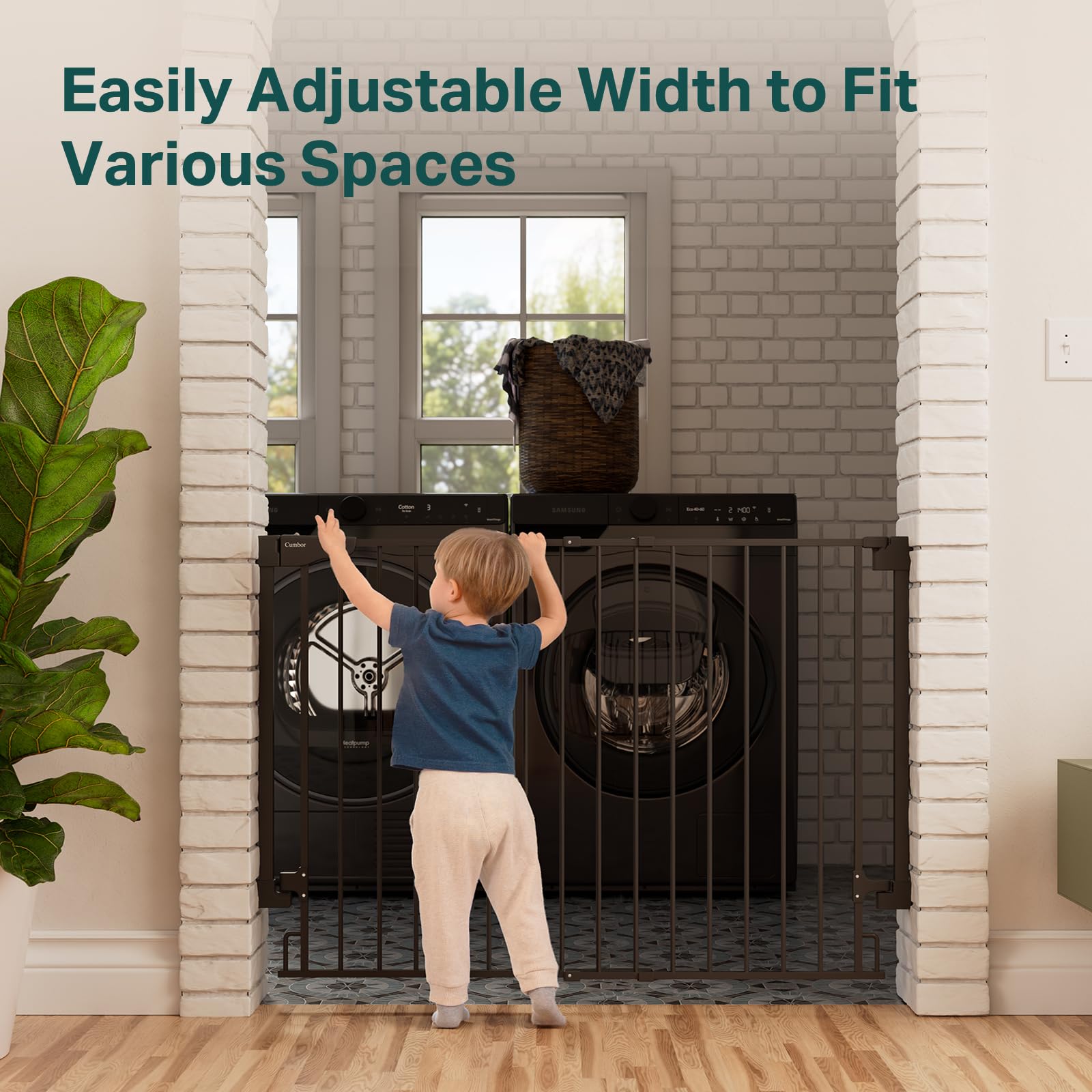 Cumbor 34-inch gate wide-opening in doorway offers easy access for pets.
