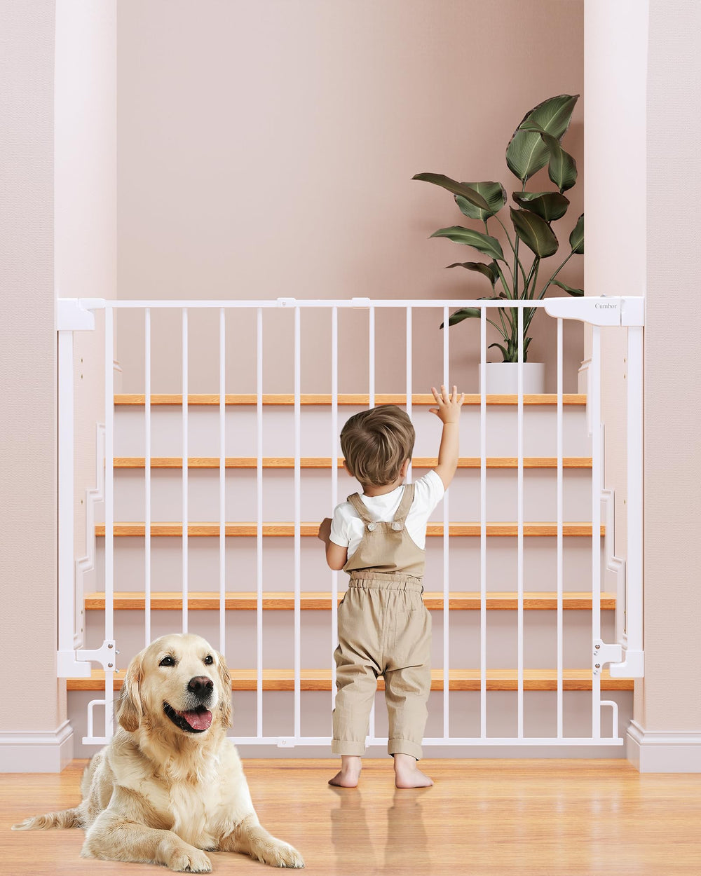 Cumbor 34" extra tall gate for stairs, hardware-mounted for security and stability.