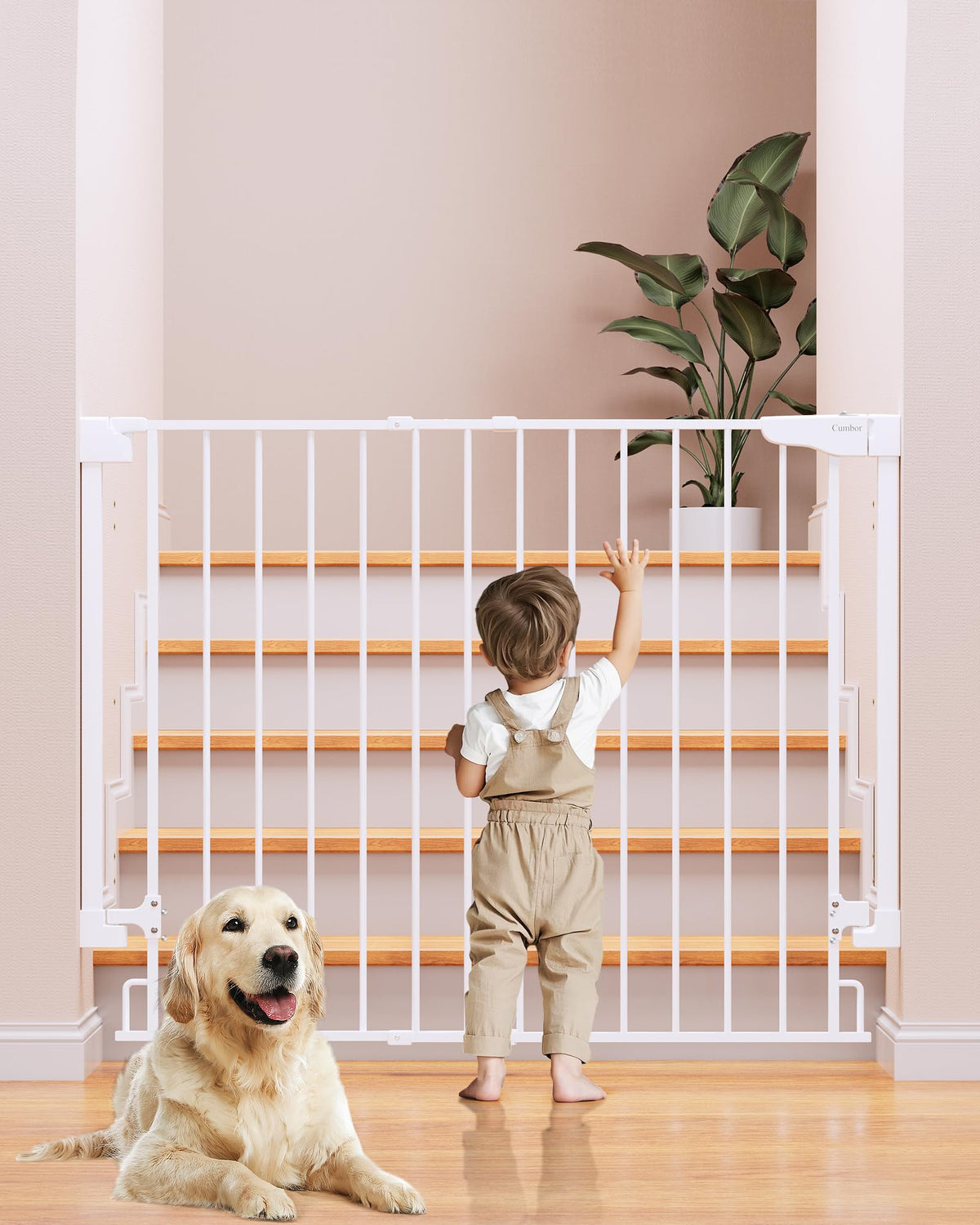 Cumbor 34" extra tall gate for stairs, hardware-mounted for security and stability.