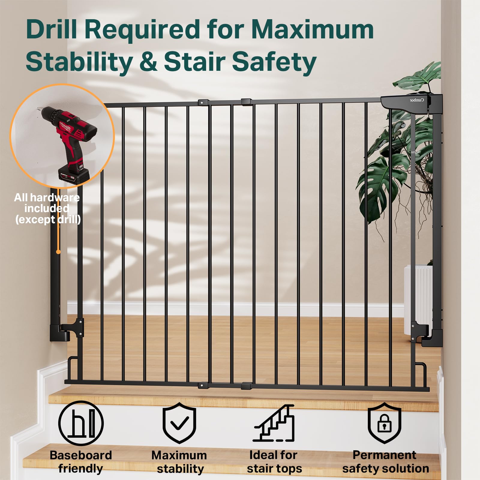 Cumbor gate at stair entry prevents unsupervised access while active.