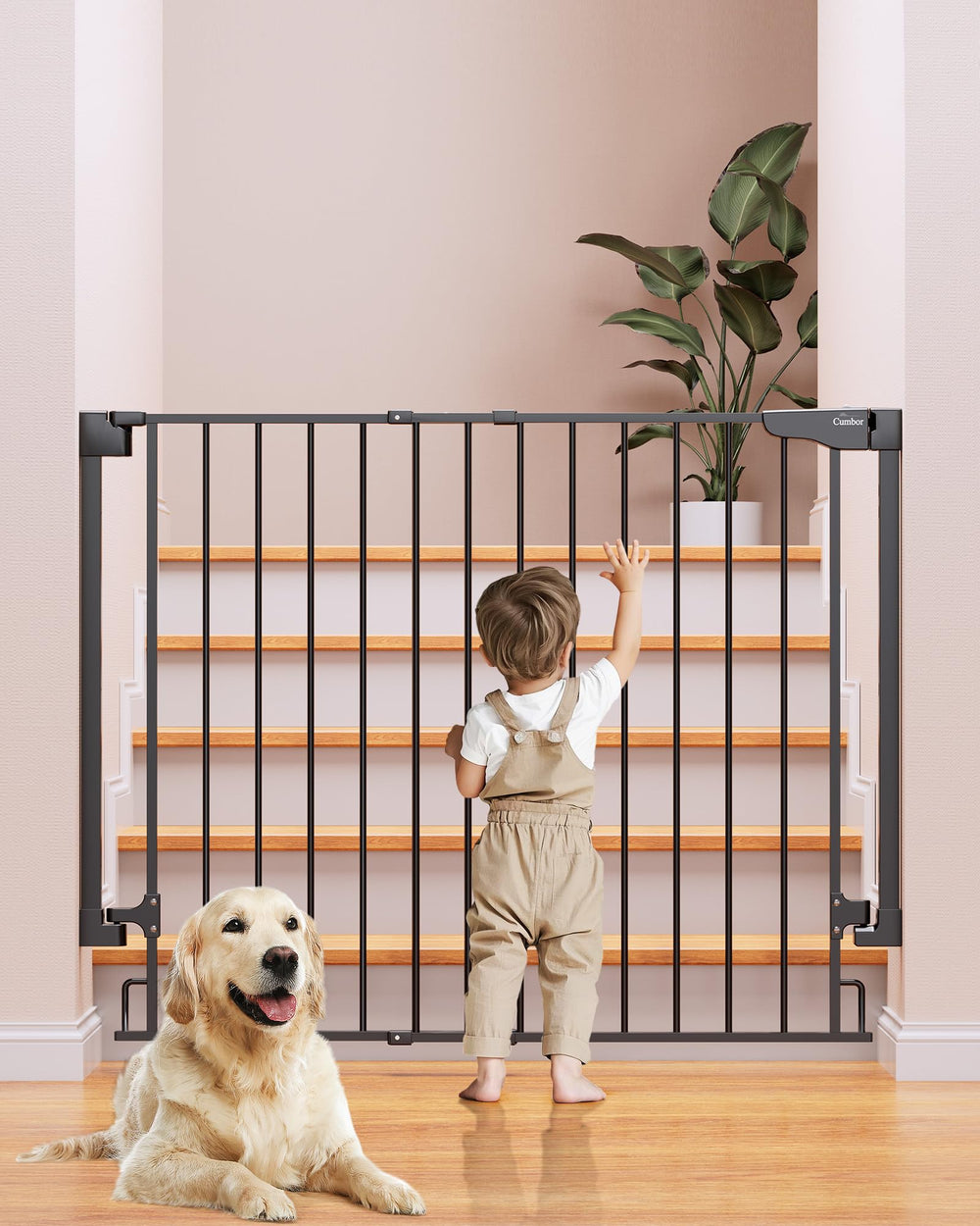 Cumbor 34-inch extra tall gate installed at stairs top for sturdy top-of-stairs safety.
